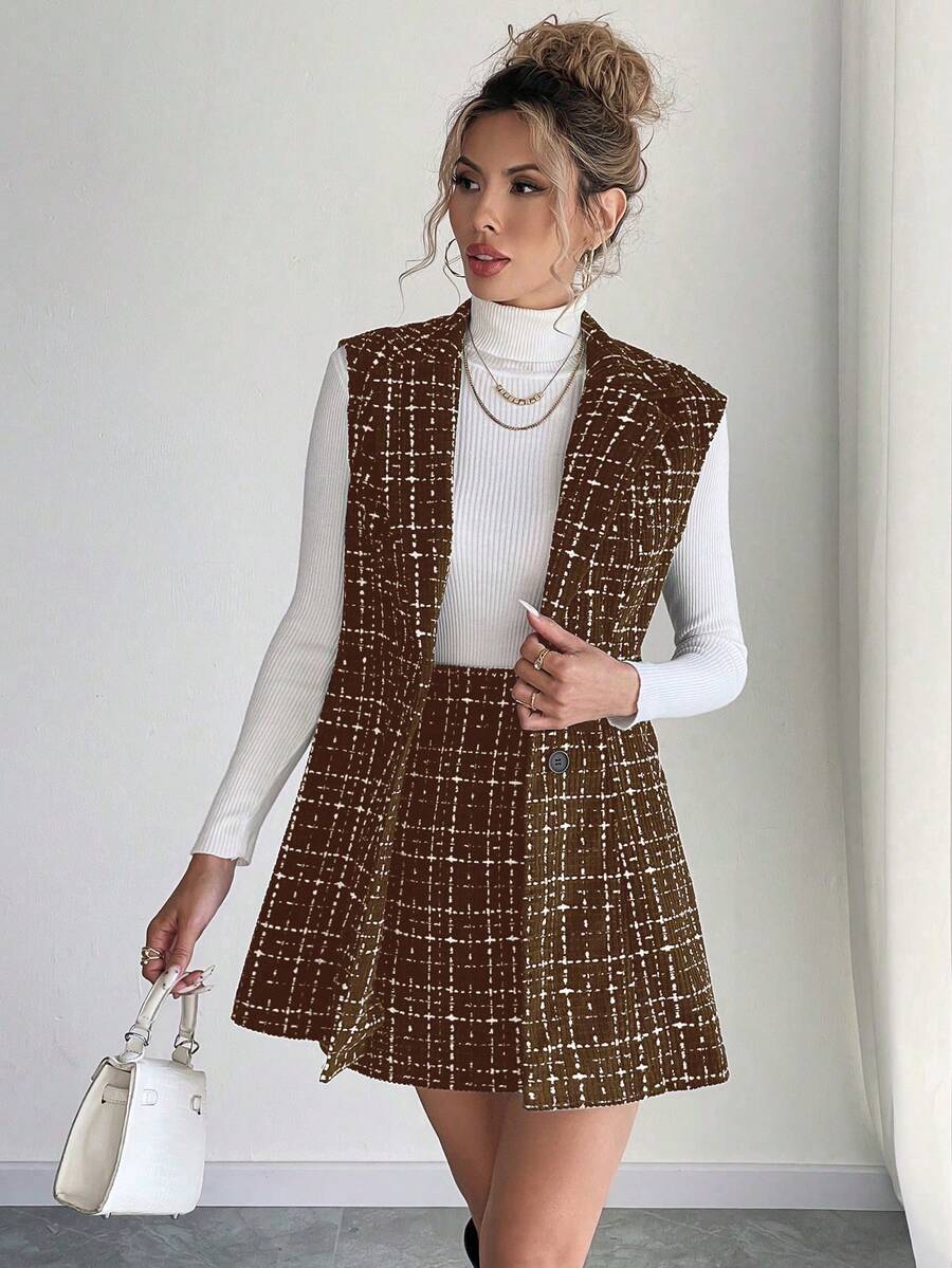 Elyressa 女士休闲无袖夹克和裙子套装，秋季 - 巧克力棕 - 查看 1