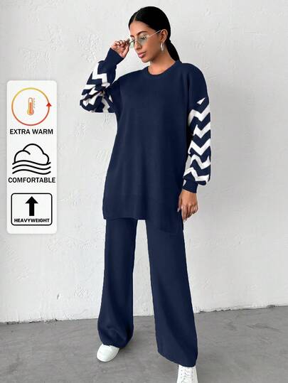 EURMUSE Women's Casual Contrast Color Zigzag Pattern Drop Shoulder Loose Knit Sweater And Straight Leg Knit Pants 2 Pieces Set