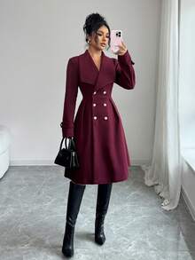 SHEIN Elenzya Women's Double-Breasted Lapel Elegant Casual Street Commute Business Romantic Date Party Christmas Coat, Burgundy, Autumn/Winter - Burgundy - View 3