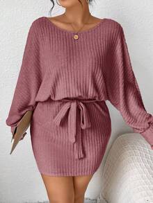 SHEIN Frenchy Plus Size Solid Color Crew Neck Ribbed Elegant Long Sleeve Dress - Burgundy - View 3