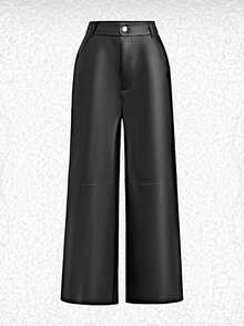 Chiquease 女士休闲日常通勤简约纯色翻领长袖连体裤和 PU 皮革宽松阔腿裤套装，春秋 - 彩色 - 查看 5