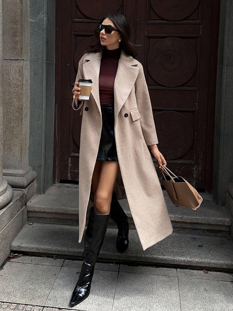 SHEIN LUNE Casual Lapel Long Overcoat - Khaki - View 1