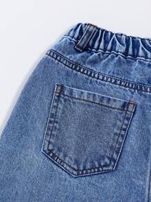 SHEIN ChillGRL 少女涂鸦印花阔腿工装牛仔裤，甜美酷炫街头风休闲Y2K图案牛仔裤，Y2K美学，90年代童装 - 深色水洗藍 - 查看 8