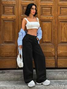 SHEIN Cottnline WOMEN LOOSE LOW WAIST WIDELEG EVERYDAY CASUAL JEAN - Black - View 6