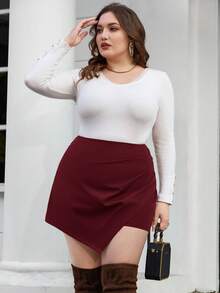 SHEIN Privé Plus Size Women Casual Red Color Shorts Asymmetrical Skirt Maroon Skirt Burgundy Skirt Women Skorts Women Red Skirt Skirts For Women Sexy Skirts For Women - Burgundy - View 3