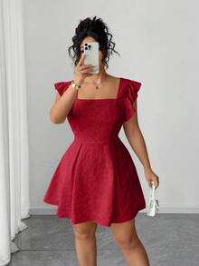 Elenzga 大码纯色方领提花荷叶边优雅连衣裙 - 酒紅色 - 查看 4