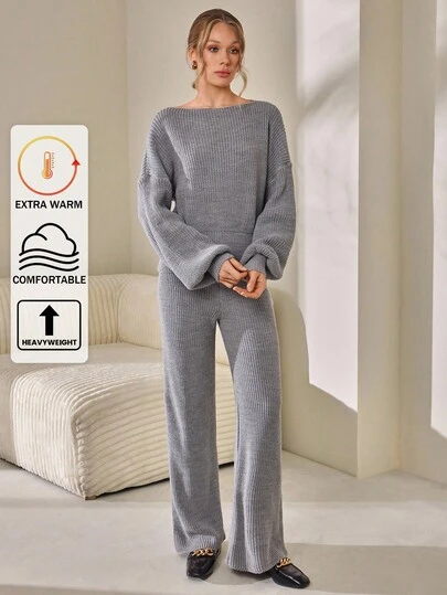 CLARA VERO Heather Grey Ribbed Knit Co-Ord Set Featuring High-Neck Cropped Sweater And Matching Lounge Pants Two Piece Lounge Set Loungewear Women Lounge Wear Comfortable Two Piece Set Comfy Set Knit Two Piece Set Womens Knit Set,Winter Clothes