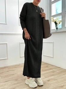 EURMUSE 女士落肩长袖纯色长款休闲针织毛衣连衣裙，秋冬 - 黑色 - 查看 5