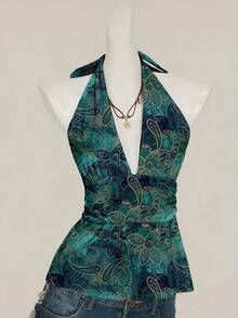 SHEIN ICON Women's Casual Sexy Deep V-Neck Ruched Waist Backless Babydoll Tank Top, Suitable For Y2K, Paisley Print Teal