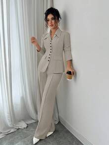 Elenzga Women's Apricot Thick Fabric V-Neck Blazer Design Black Contrast Button Fake Pocket Teacher Uniform Elegant Professional Outfit, Thanksgiving Halloween Atmosphere, Autumn New Arrival Fashion Essential High-End Dignified Long Sleeve Waist Cinched Loose Straight Leg Pants Two Pieces Set - Khaki - View 4