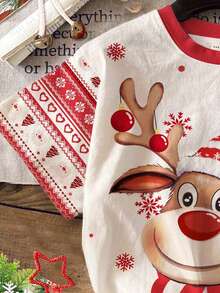 SHEIN Camiseta infantil Happikins para celebração de Natal, vermelha natalina, com estampa fofa de rena de desenho animado, flocos de neve em degradê, estampa Fair Isle com urso e rena, ideal para combinar com a família, presente de Natal, clima natalino, camiseta casual minimalista de manga curta e gola redonda, perfeita para o verão, todas as estações, para usar em casa e para festas de Natal. - Multicolorido - Ver 4