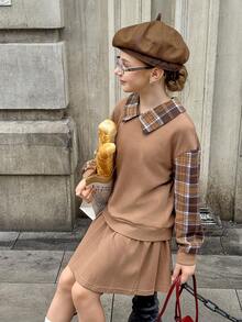 Bộ áo nỉ cổ polo và chân váy 2 trong 1 cho bé gái - Cà phê nâu - Xem 5