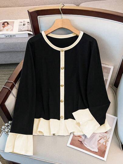 GlowEve CURVE Plus Size Women's Elegant Casual Ruffle Trim Contrast Color Long Sleeve T-Shirt, Round Neck Flare Sleeve, Button Decor, Minimalist Cut Design Top