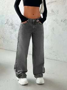 EURMUSE Women's Solid Color Low Rise Loose Fit Y2K Style Jeans - Grey - View 4