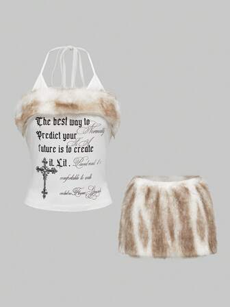 Grunge Punk Set di minigonna e top aderente con stampa a lettere incrociate e pelliccia, stile retrò Y2K sexy per donne