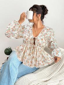 Lounesse 大码女式 V 领带设计碎花长袖衬衫，百搭日常穿着，蓝色碎花 - 彩色 - 查看 5