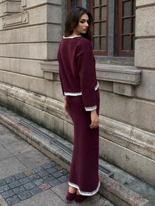SHEIN Unity 2pcs Ombre Bowknot Strap Casual Basic Knit Set, Autumn/Winter - Burgundy - View 2