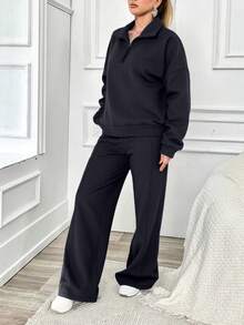 SHEIN Cottnline 100%Cotton Plus Half Zip Drop Shoulder Sweatshirt & Sweatpants - Dark Grey - View 5