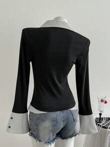 SHEIN Unity 1 件女式二合一 V 领长袖针织衬衫修身百搭衬衫，秋季 - 黑與白 - 查看 2