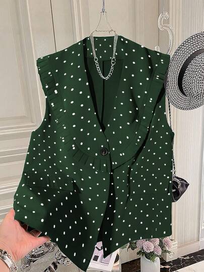 GlowEve CURVE Plus Size Polka Dot Sleeveless Vest With Loose Pleated Hem & Faux Pockets, Shawl Neck