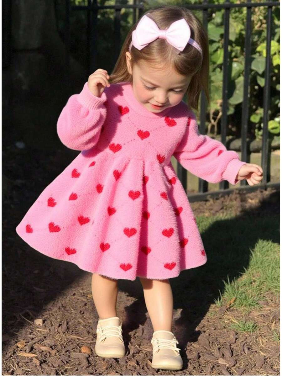 SHEIN Infant/Baby Girl Pink Heart Knitted Sweater Dress, Casual Cute Thick Fleece Dress For Baby Girls, Suitable For 0-3 Years Old, Winter Fall Winter Christmas Halloween Toddler Cardigan Sweater Autumn Fall Jumpers Sweaters Tops Dress Dresses Christmas Jumper Cozy Pixies Prepcrw Christmas Outfit Halloween  New Born Toddler  Fall Winter Dress Halloween  Romper Stuff Halloween Jumper Jumper Cardigans Shirts White Cardigan Clean Downtown Off The Shoulder Sweater Outfit Sets Pink Sweater Jacket Cute Fall Outfits Outfits Top Maija Christmas Dress  Toddler Fall Dark Purple Skirt Christmas Sweater  Fall Sweaters Unisex White Sweater Vest Skirt Sets