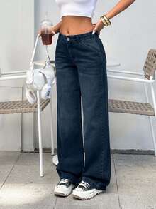 EURMUSE BLACK LOW WAIST BAGGY LOOSE STRAIGHT LEG JEAN - Dark Wash - View 5