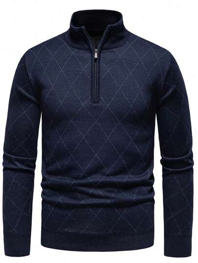 Manfinity Homme Men's Casual Slim Fit Knitted Sweater With Half-Zipper Pullover Graphic Color Block Plaid Long Sleeve Sweater Top, For Work, Husband, For Fall Winter