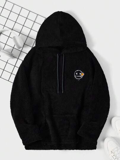 RueChic Men's Cartoon Smiling Face Embroidery Drawstring Hooded Fleece Sweatshirt, Autumn/Winter