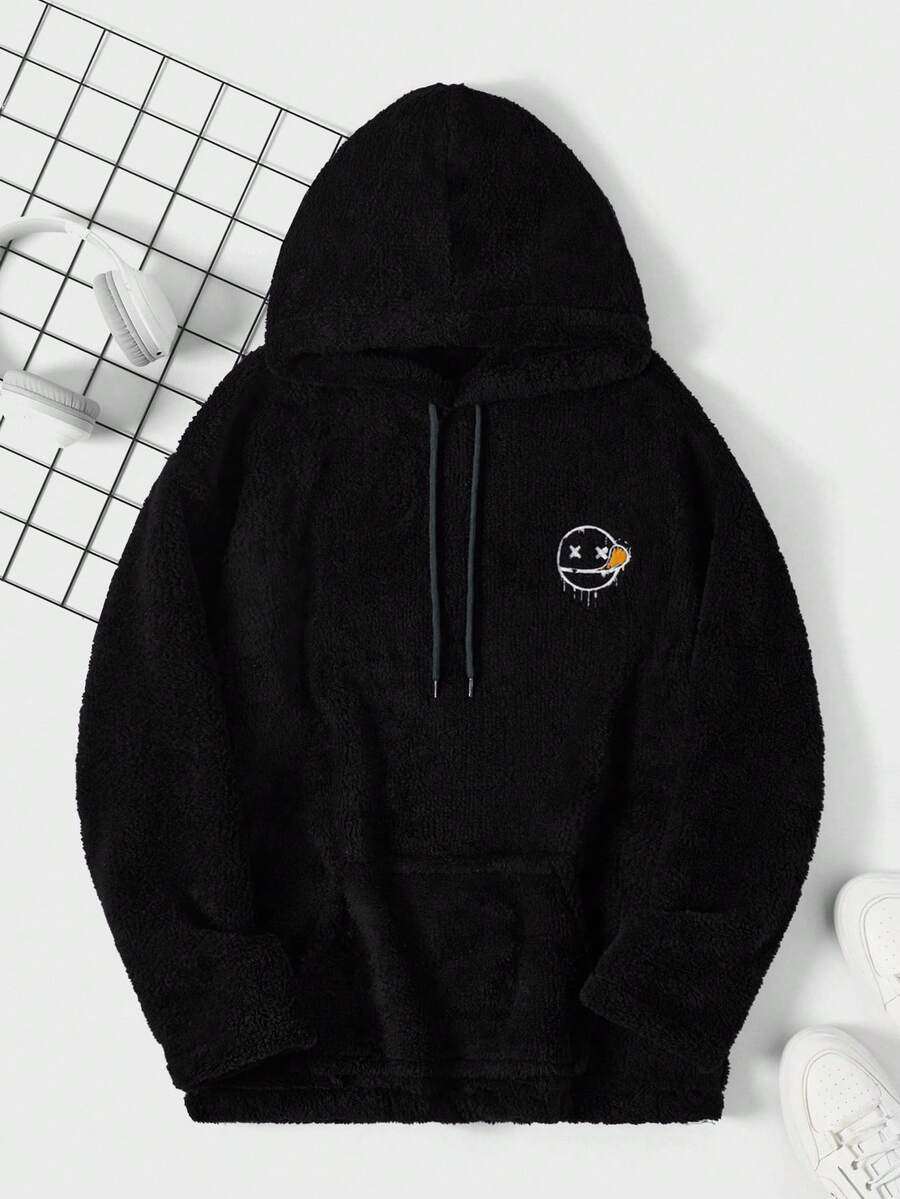 SHEIN Cottnline Men's Cartoon Smiling Face Embroidery Drawstring Hooded Fleece Sweatshirt, Autumn/Winter - Black - View 1