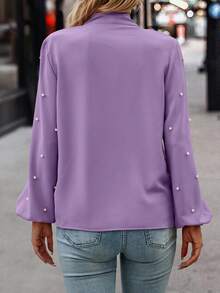 SHEIN LUNE 女式纯色灯笼袖系带仿珍珠装饰优雅衬衫 - 紫色 - 查看 2