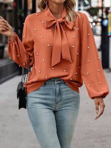 EMERY ROSE Áo cánh tay dài thanh lịch cổ thắt nơ màu trơn đính ngọc trai giả cho nữ - Màu Cam cháy - Xem 5