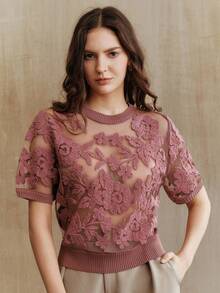 Anewsta 女式秋季花卉网眼圆领短袖针织上衣春季女装 - 中紫紅色 - 查看 5