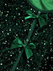 Tween Girl Sequin Patchwork Bow Decor Round Neck Long Sleeve Jacket - Dark Green - View 4