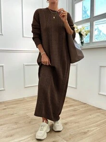 EURMUSE Abito a maglia a costine tinta unita da donna, stile casual e minimalista per l'autunno/inverno - Castano - Visualizzare 7