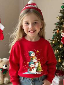 Felpa girocollo termica foderata, casual e comoda, di moda e versatile, con motivi natalizi di alberi di Natale e pupazzi di neve, adatta per ragazze giovani in autunno/inverno - Rosso - Visualizzare 1