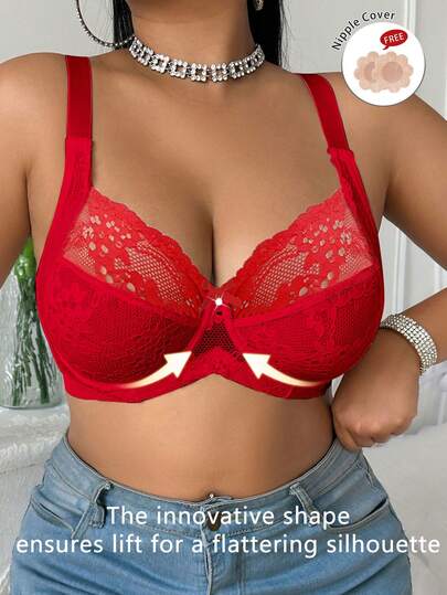 DesireSculpt 1pc Plus Size Christmas Lace Lingerie Bra With Underwire