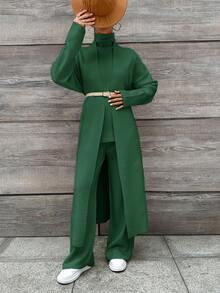 EURMUSE Women's Solid Color Collarless Sleeveless Basic Top, Long Sleeve Maxi Jacket And Long Pants Set - Green - View 6