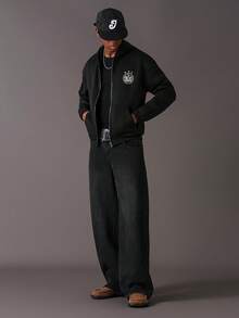 STYNVO Men's Autumn/Winter Numeric Print Zip-Up Hooded Casual Sweatshirt - Black - View 3