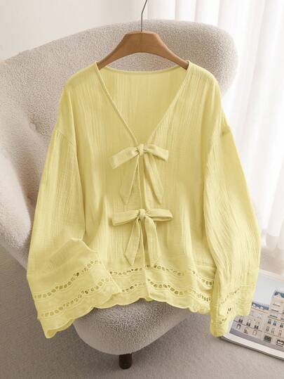 CosyJoli 大码休闲 V 领长袖系带衬衫，花卉蕾丝拼布纹理