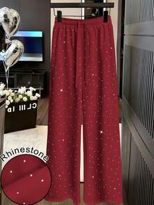 EMERY ROSE Women's Fashion Rhinestone Embellished High Waist Drawstring Loose Fit Straight Leg Sweatpants - Red - View 4