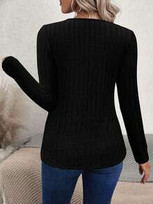 SHEIN LUNE Pull-over femme à manches longues, en tricot moelleux, couleur unie, avec ourlet peplum, décontracté. Nouveau pour l'automne/hiver - Noir - Voir 2
