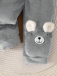 SHEIN Vintaside Kids 幼儿男童可爱熊图案长袖上衣和裤子套装，蓝白撞色，适合日常穿着，室内外，秋冬