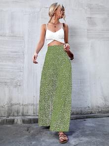 Breezaya Women's Casual Vacation All-Over Print High Waist Wide Leg Pants - Green - View 4