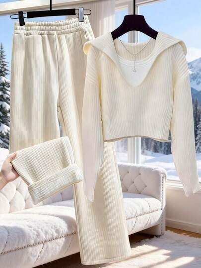 GlowEve 2pcs Women Knit Long Sleeve Top & Corduroy Lined Wide Leg Straight Pants Set, Casual Daily Commute Fashion French Street Vintage Business Holiday Apricot Autumn/Winter Homewear