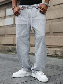 Manfinity Hypemode 年轻时尚的运动风灰色男士抽绳腰带运动裤，灰色喇叭裤，灰色慢跑裤，男士阔腿运动裤，男士专业俱乐部运动裤，男士冬季服装，送给男友的完美礼物，时尚百搭，适合街头、校园和万圣节等场合 - 灰色 - 查看 2