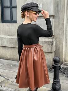 Váy da PU cổ tròn phối màu dệt kim gân MODELY cho bé gái, viền bèo nhún và thắt lưng, phong cách quý cô thanh lịch, thích hợp mặc thường ngày và đi nghỉ, mùa xuân/thu - Màu nâu  Mocha - Xem 2