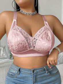 DesireSculpt 大码蕾丝拼接无钢圈文胸 - 粉色 - 查看 4