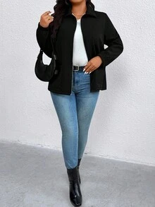 SHEIN CURVE+ Áo khoác lông cừu dài tay có khóa kéo thời trang thu đông bán chạy cho nữ cỡ lớn, áo gió màu trơn đa năng, mặc đi làm thường ngày, phù hợp cho đi bộ đường dài, leo núi, cắm trại - màu đen - Xem 4