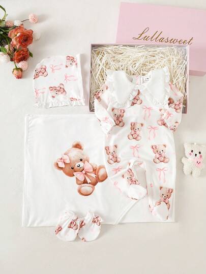 SHEIN Adorable Bear Newborn Gift Set, All-In-One Bodysuit With Cute Bear & Bow Print, Matching Footie, Hat And Blanket, Soft Fabric To Pamper Baby In Charming Bear And Pink Bow Design
