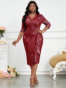 SHEIN Lady Đầm xòe đính đá cổ chữ V thanh lịch, sang trọng, thanh lịch, cổ điển, dành cho nữ, mùa xuân và mùa hè, dự tiệc cưới, tiệc Valentine, tiệc năm mới, size lớn, hàng mới về. - Màu Đỏ Sâu - Xem 3